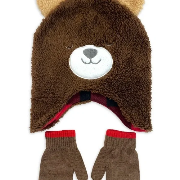 Teddy Bear Brown Kids Toddler Winter Hat and Glove Set Mitten Plaid NWT - Picture 1 of 9